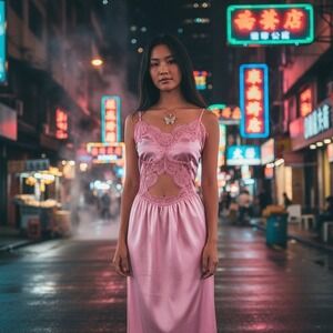 TACH Satin Maxi Helen Dress Sz M Pink Eyelash Lace Zip Entry NWT